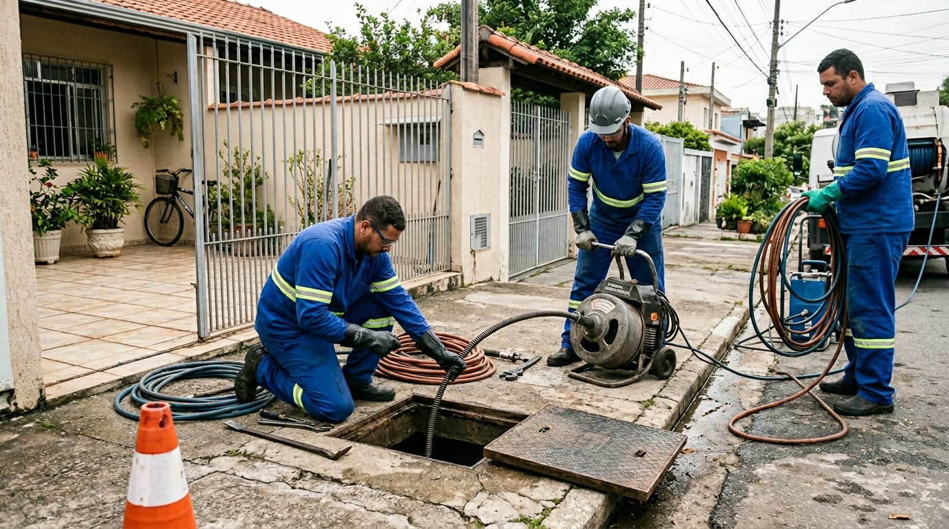 Equipe de desentupimento de esgoto em Serra-ES